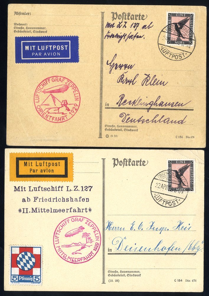 1929 Orient Flight Postcard To Recklinghausen, Franked 1mk 'Eagle' Tied Friedrichshafen Luftpost C.d.s, Bears Red Pyrami - Sonstige & Ohne Zuordnung