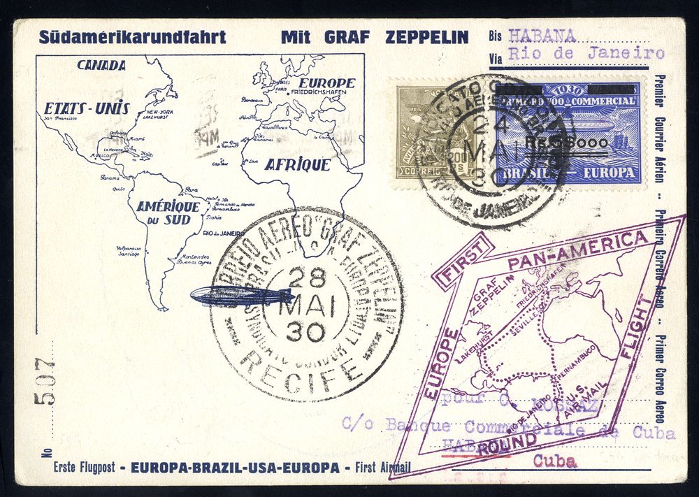 1930 First Round The World Flight Illustrated Card To Cuba Franked Brazil 200r + 20,000r Commem, Tied By Rio De Janeiro  - Other & Unclassified