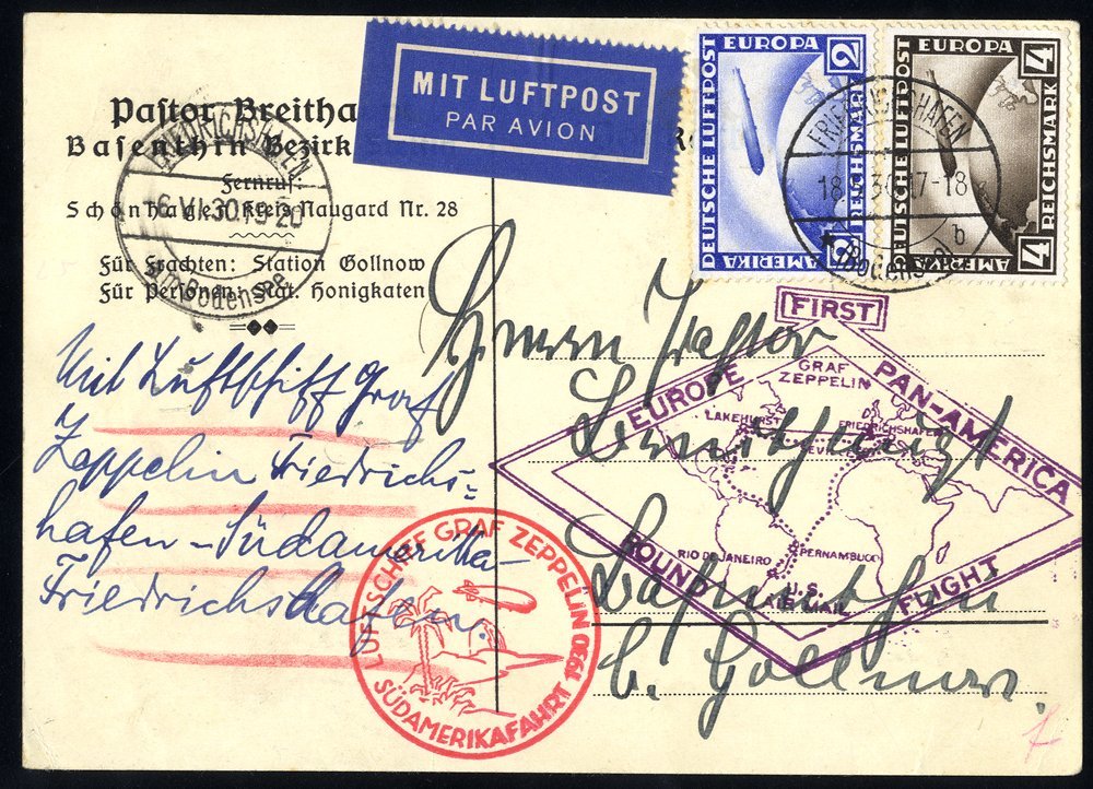 1930 First South America Flight Card Posted At Friedrichshafen, Franked 2rm + 4rm Zeppelin, Bears 'Sugar Loaf' + Violet  - Sonstige & Ohne Zuordnung