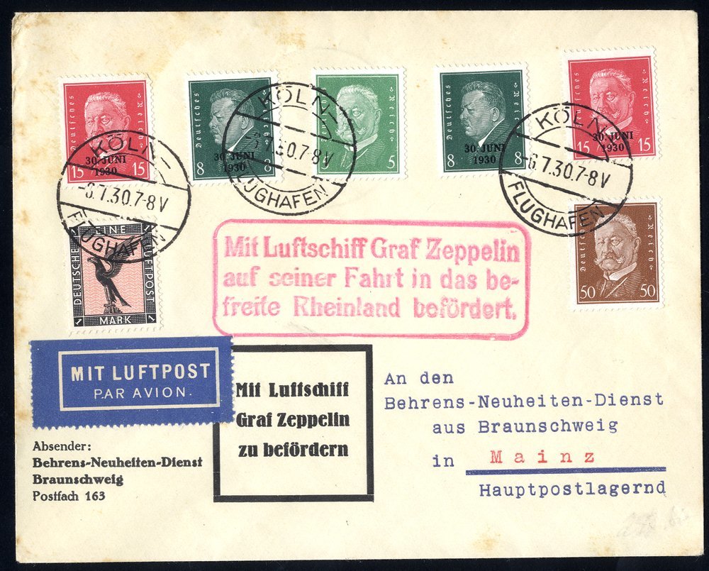 1930 Rheinland Flight Envelope Commemorating Allied Troops Evacuation With Multi Franking Tied 'Koln Flughafen' C.d.s, B - Sonstige & Ohne Zuordnung