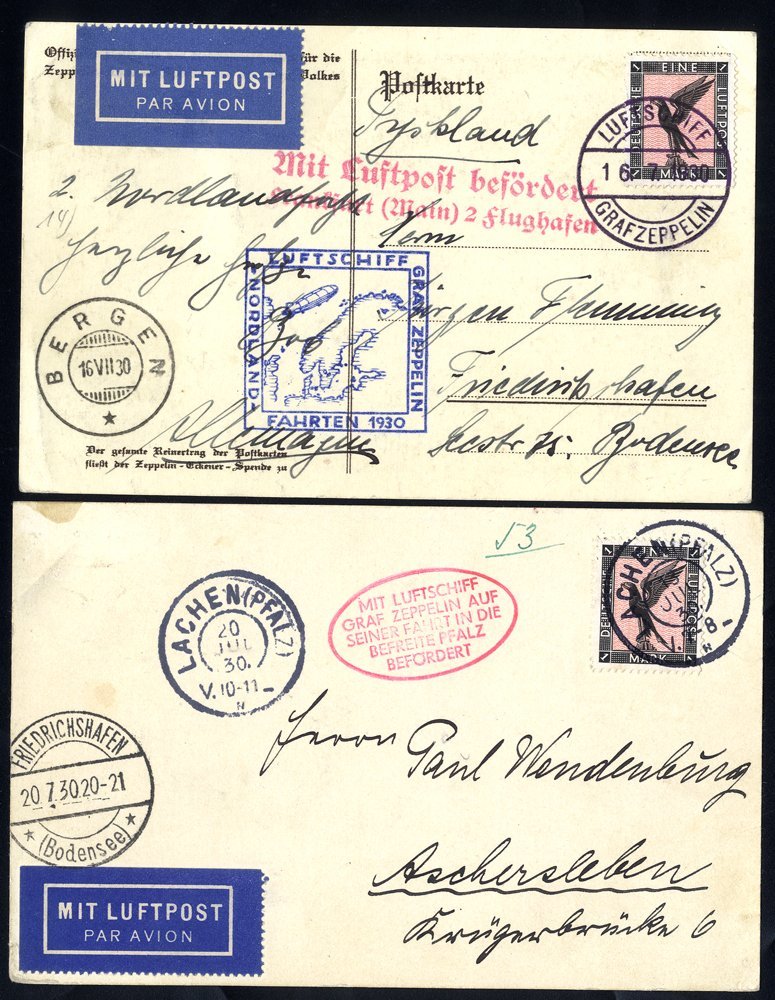 1930 Second Nordland Flight Postcard, Franked 1mk 'Eagle' Cancelled 'Luftschiff Graf Zeppelin,' Bears Blue Boxed Flight  - Sonstige & Ohne Zuordnung