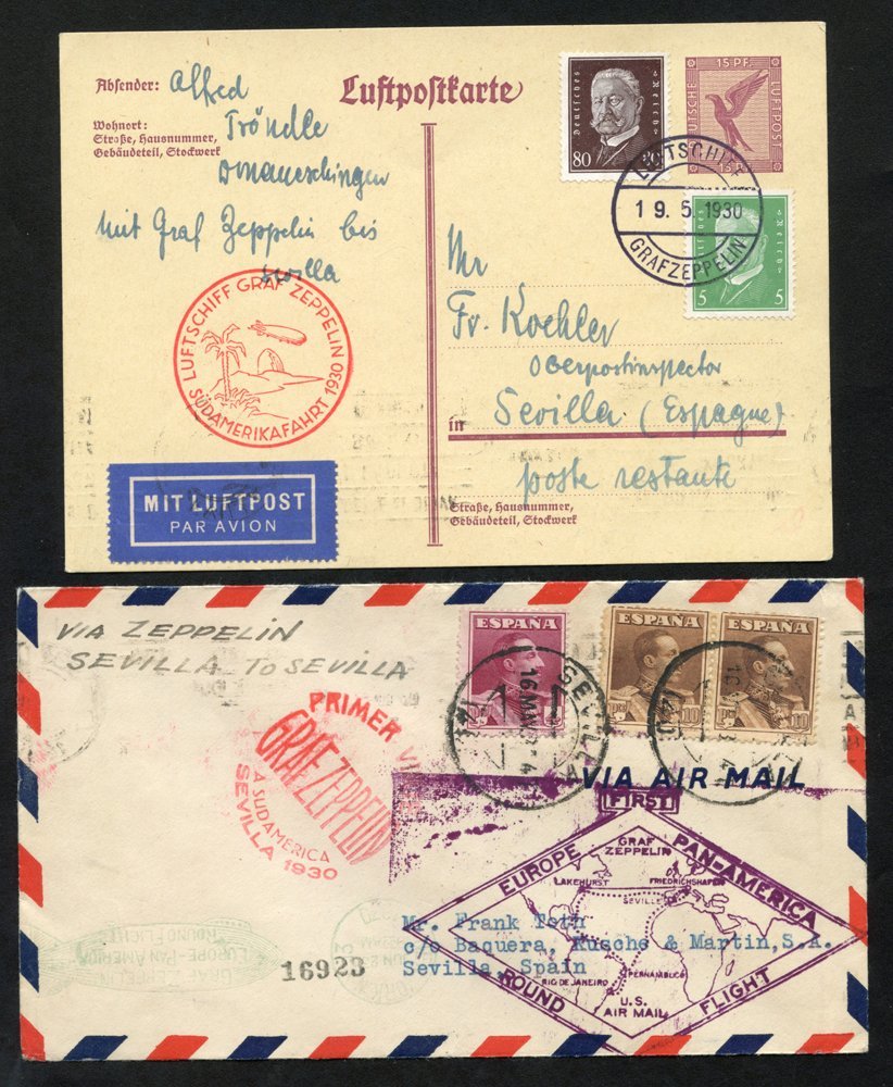 1930 South America Flight Seville - Seville (round Trip) With Special Flight Cachet In Red For Spanish Mail Plus Ero Pan - Autres & Non Classés