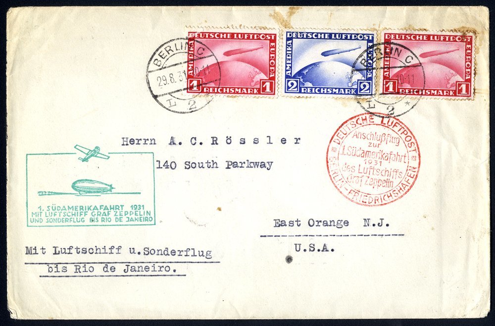 1931 Combined First South America & Rio Catapult Flight Envelope To USA, Franked 1rm (2) & 2rm Zeppelins Cancelled Berli - Autres & Non Classés