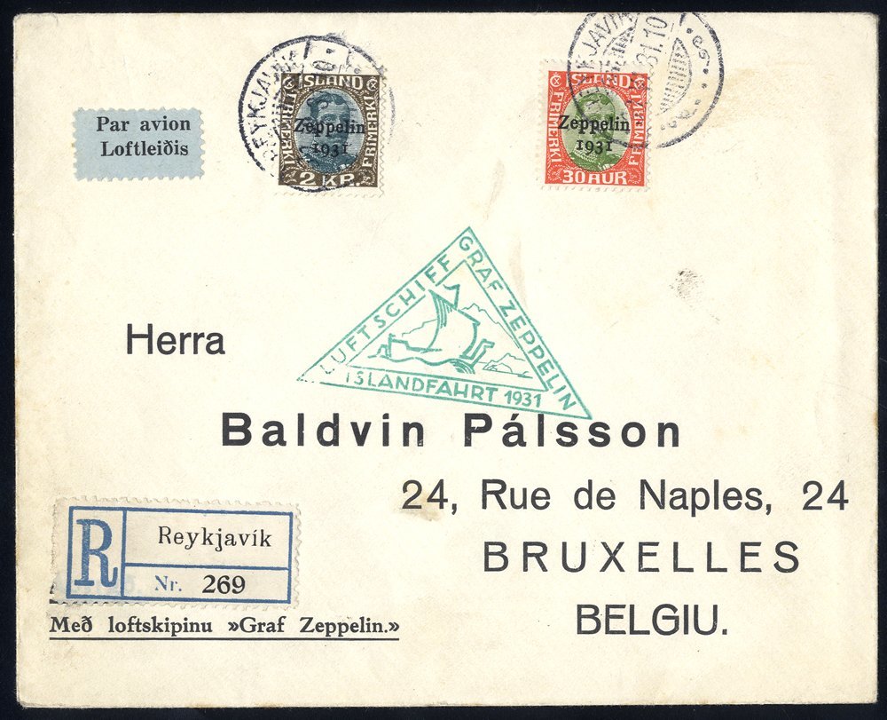 1931 Iceland Flight Acceptance Envelope To Belgium, Franked Overprinted 30aur + 2kr Cancelled Reykjavik C.d.s, Bears Gre - Autres & Non Classés