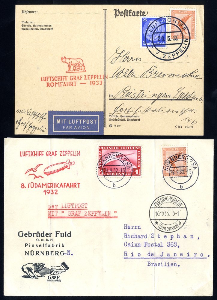 1932 Eighth South America Flight Advertising Envelope To Rio De Janeiro, Franked 50pf + 1rm Zeppelin Tied Nurnberg, Bear - Other & Unclassified