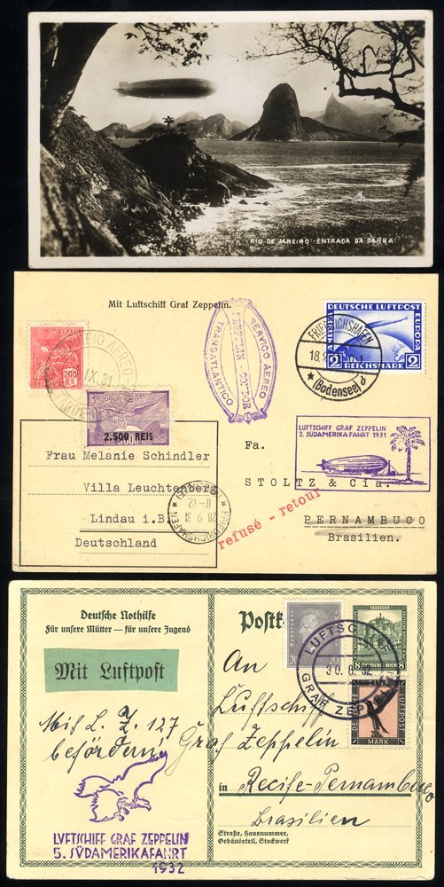 1932 Fifth South America Flight Card To Recife, Franked 1m28pf Tied Luftschiff Graf Zeppelin C.d.s & Bearing Violet 'Eag - Sonstige & Ohne Zuordnung