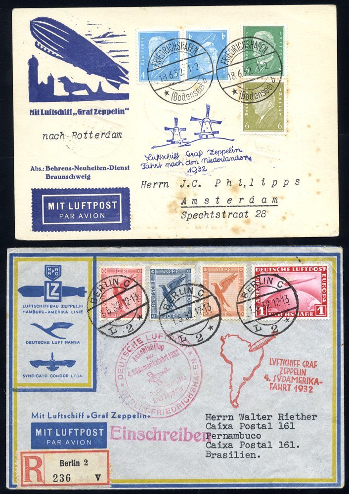 1932 Netherlands Flight Card To Amsterdam With Ebert & Hindenburg Franking, Tied Friedrichshafen C.d.s, Bears 'Windmills - Sonstige & Ohne Zuordnung
