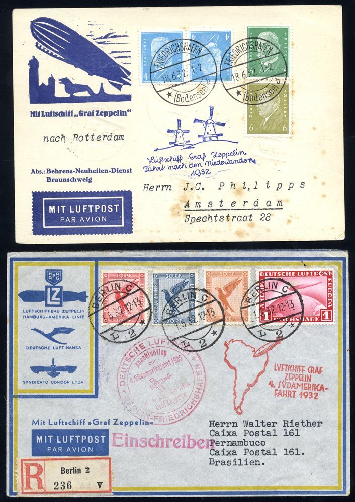 1932 Netherlands Flight Card To Amsterdam With Ebert & Hindenburg Franking, Tied Friedrichshafen C.d.s, Bears 'Windmills - Autres & Non Classés