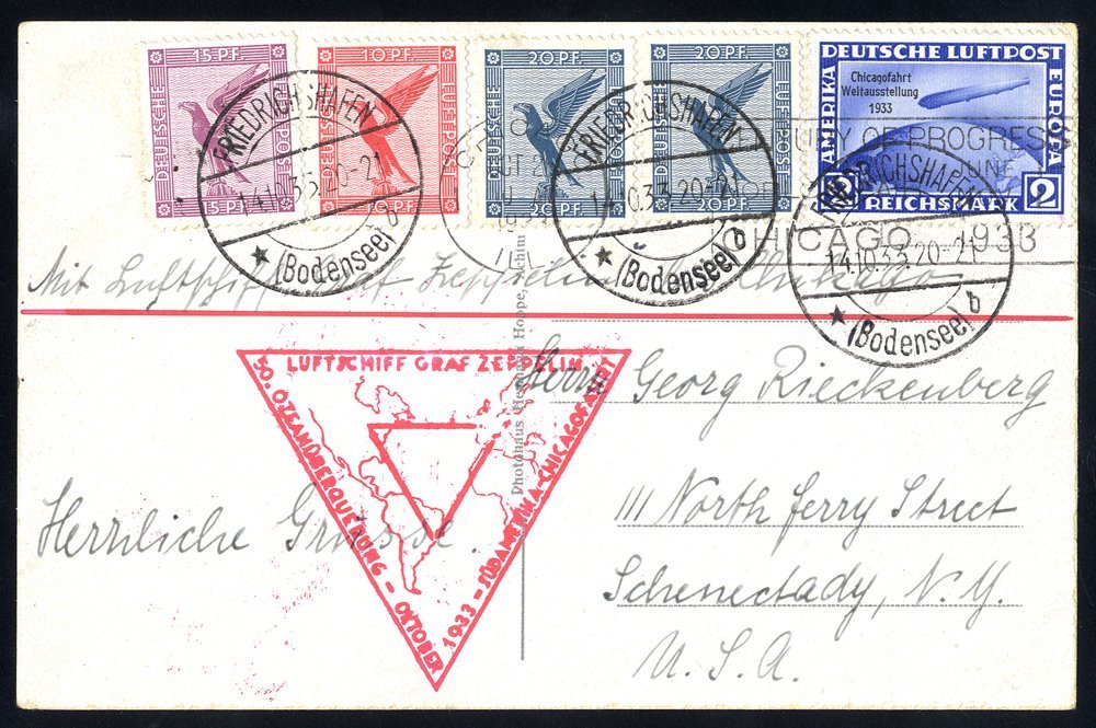 1933 Chicago Flight Card To USA, Franked 65pf (4 Vals) + 2rm Zeppelin Overprinted 'Chicago Fahrt' Tied Friedrichshafen C - Altri & Non Classificati