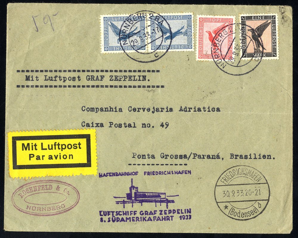 1933 Eighth South America Flight Envelope To Brazil Franked 10pf, 20pf (2) + 1mk 'Eagles' Cancelled Nurnberg C.d.s. Obve - Other & Unclassified