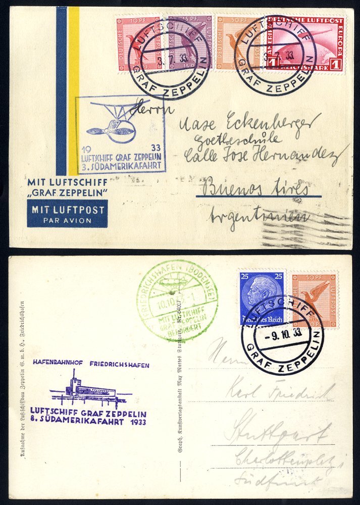 1933 Third South America Flight Card To Buenos Aires, Franked 10pf, 15pf & 50pf 'Eagles' + 1rm Zeppelin Tied Luftschiff  - Sonstige & Ohne Zuordnung