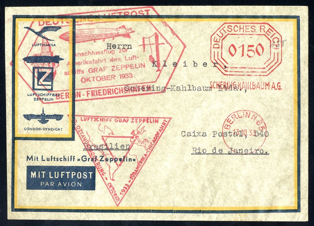 1933 World Fair Flight Envelope To Rio De Janeiro, Franked 150pf Meter Mark Of Berlin, Bears Red Berlin-Friedrichshafen  - Autres & Non Classés