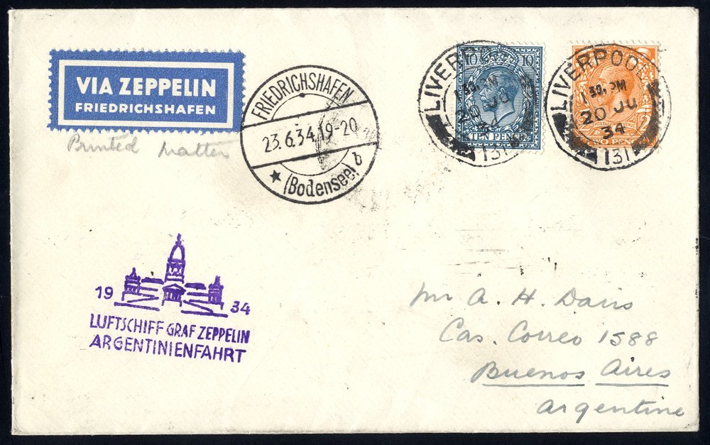 1934 Argentina Flight English Acceptance Envelope To Buenos Aires, Franked KGV 2d + 10d Tied Liverpool C.d.s,  Bears Fri - Altri & Non Classificati