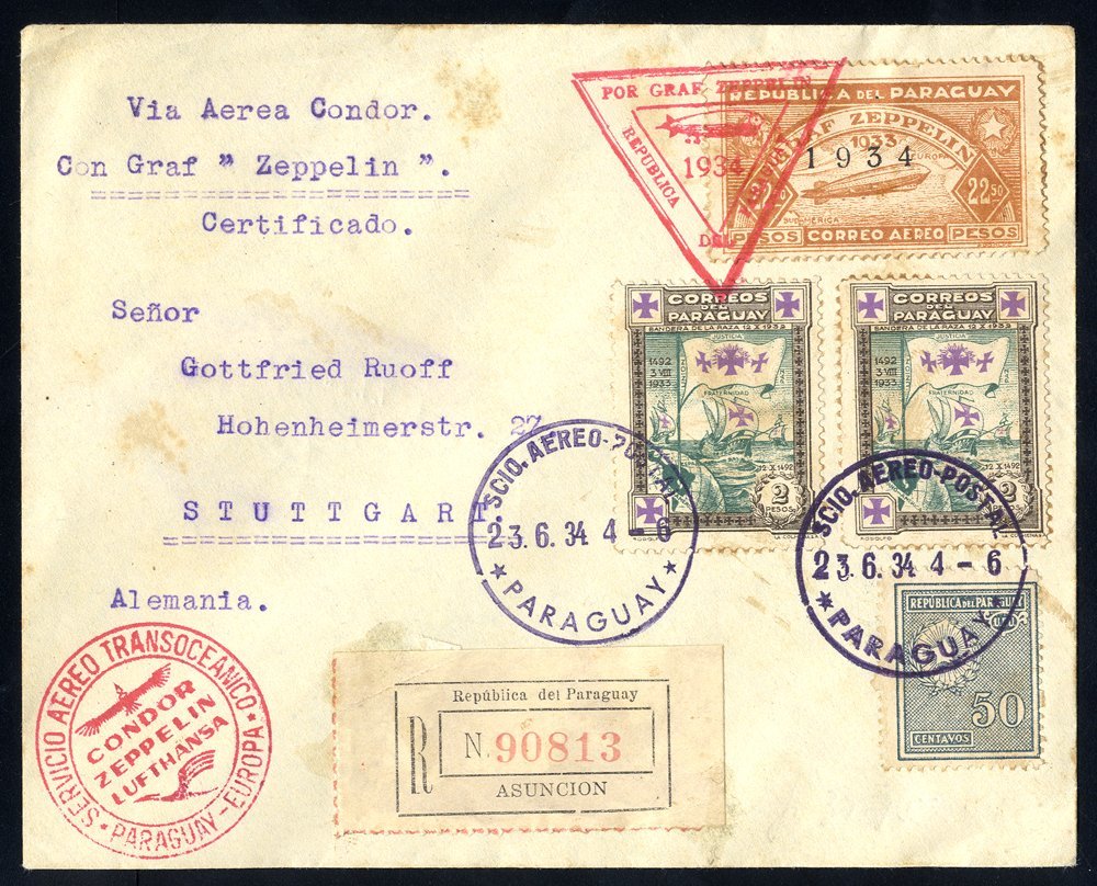 1934 Third South America Flight - Paraguay Acceptance Registered Envelope To Stuttgart Franked 50c, 2 Pesos (2) + 22.50p - Otros & Sin Clasificación