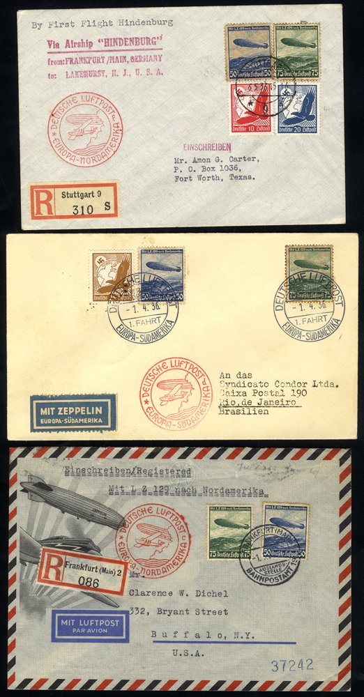 1936 First 'Hindenburg' Flight Envelopes To USA & Brazil Bearing 50pf & 75pf Commems & Cachets Incl. Red 'Deutsche Luftp - Autres & Non Classés