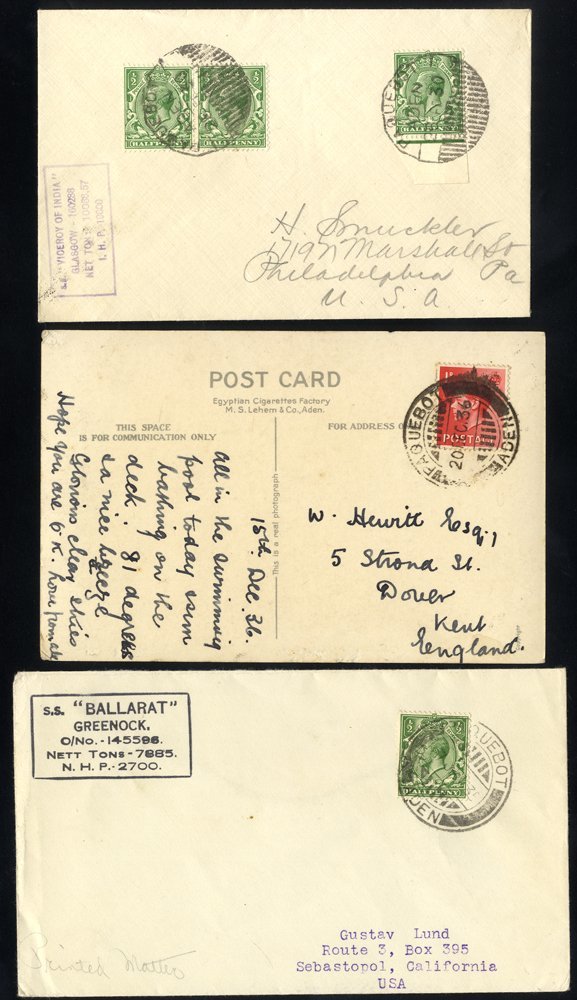 Covers (6) & A Postcard, All With GB Stamps Cancelled By Various PAQUEBOT ADEN Cancels. - Autres & Non Classés