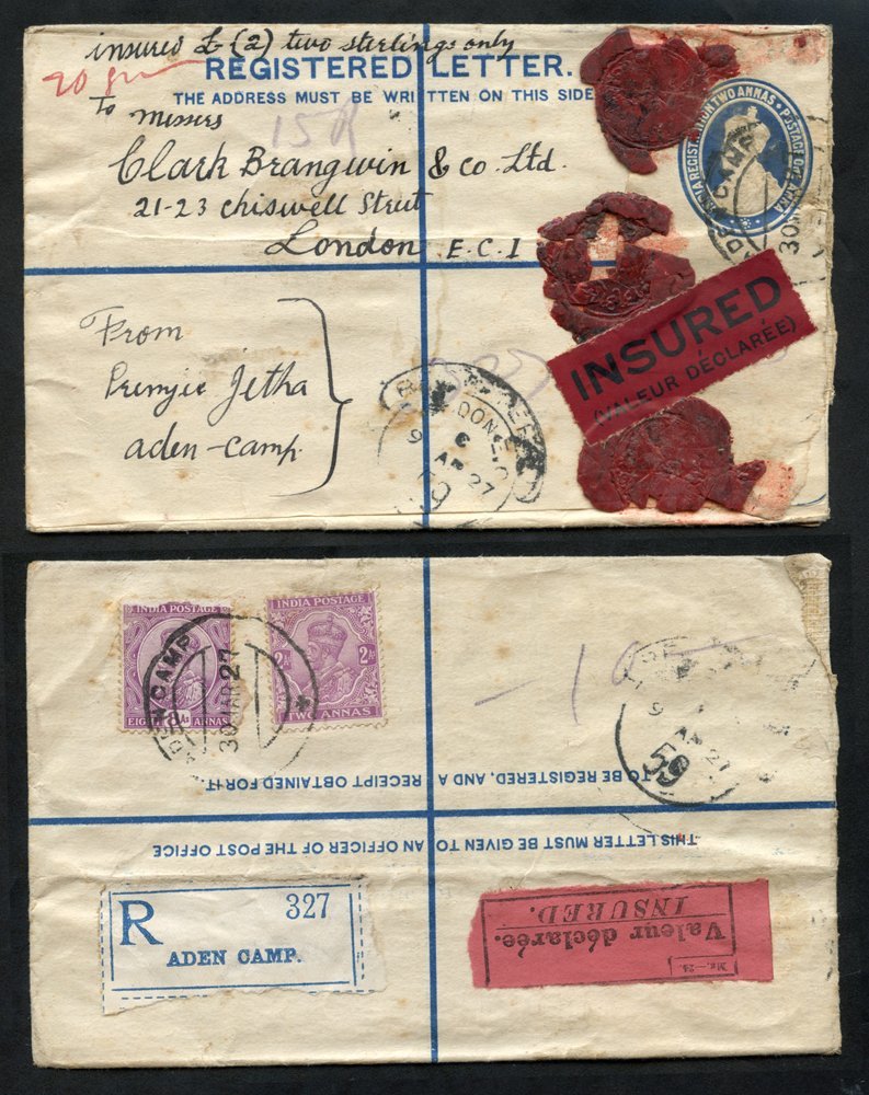 1927 Insured 2a Registered Letter To London Uprated With 2a On The Back, Cancelled ADEN CAMP 30.MAR.27. The Contents Hav - Altri & Non Classificati