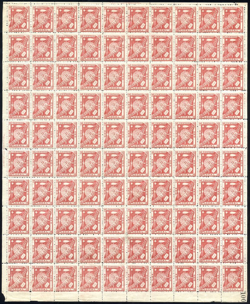 TIERRA DEL FUEGO 1891 Popper 10c Rose-red In A Complete Sheet Of 100 With Kidd & Co, Printers Imprints At Top & Both Sid - Other & Unclassified