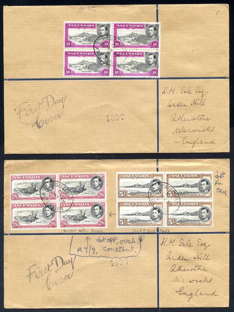 1938 May 12th 2/6d, 5s & 10s Each Block Of Four Used On Two FDC's By Oval Ascension Registered D/stamps, SG.45/7 (Cat. £ - Sonstige & Ohne Zuordnung