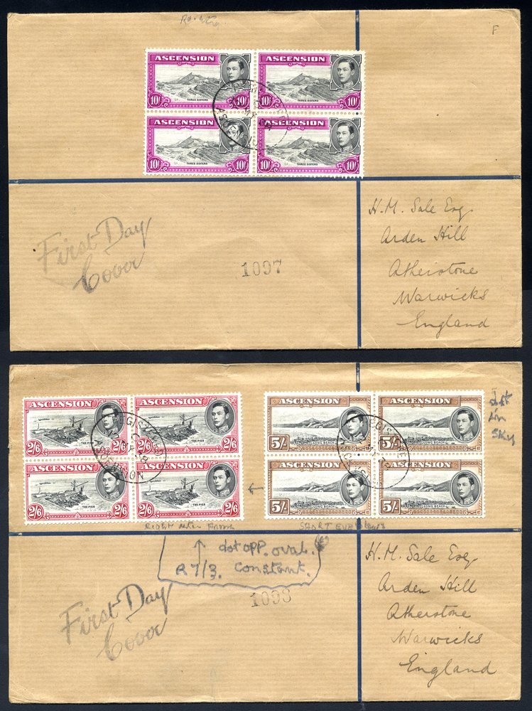 1938 May 12th 2/6d, 5s & 10s Each Block Of Four Used On Two FDC's By Oval Ascension Registered D/stamps, SG.45/7 (Cat. £ - Autres & Non Classés