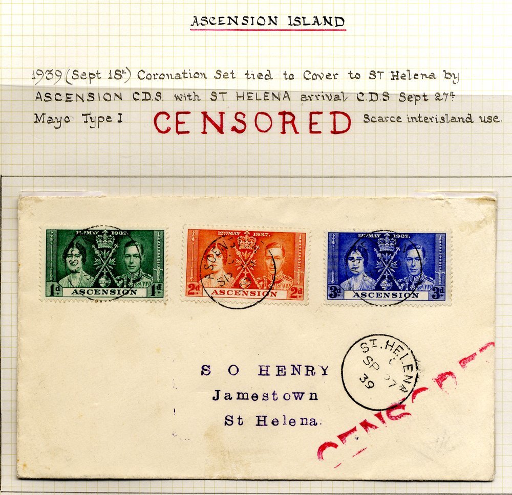 1939 Sept 18th Cover To St. Helena Franked By 1937 Coronation Set, Tied Ascension Sept 18th C.d.s's & Beneath A St. Hele - Other & Unclassified
