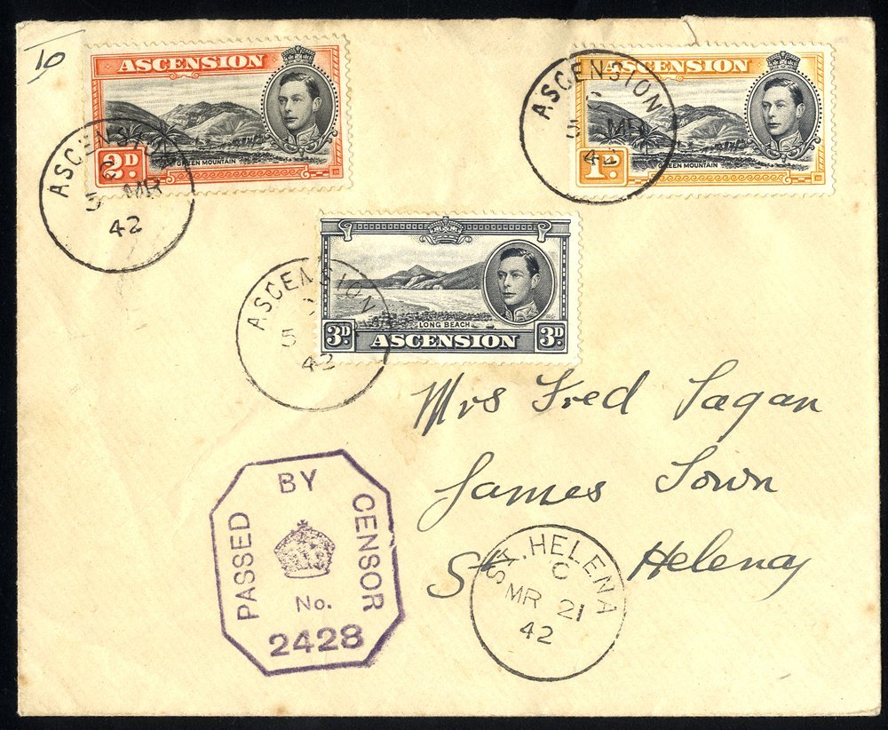 1942 Cover To St. Helena Franked 1d, 2d, 3d Black Tied Ascension C.d.s's, Octagonal Censor & St. Helena Receiving Marks  - Sonstige & Ohne Zuordnung