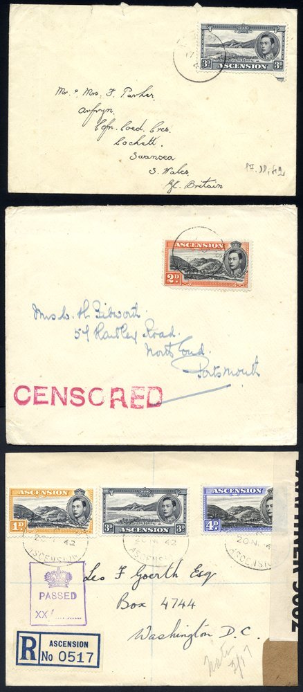 1942 Registered Cover To Washington DC Franked 1d, 3d & 4d, Tied Oval Ascension D/stamps With Purple 'CROWN/PASSED/XX' B - Sonstige & Ohne Zuordnung