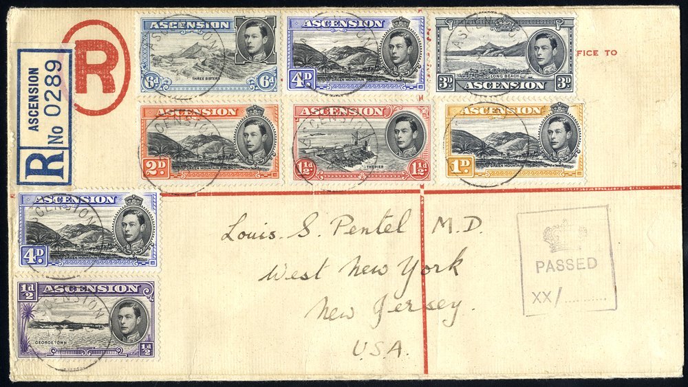 1944 Red Formula Registered Envelope To New Jersey, USA, Multi Franked With Vals From ½d To 6d (8), Tied Ascension C.d.s - Other & Unclassified