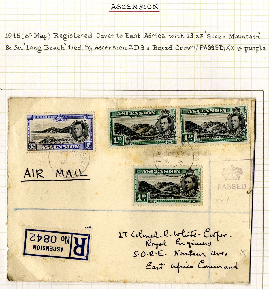 1945 May 6th Registered Cover To East Africa Franked 1d (3) Green Mountain & 3d Long Beach, Tied Ascension C.d.s's, Also - Autres & Non Classés