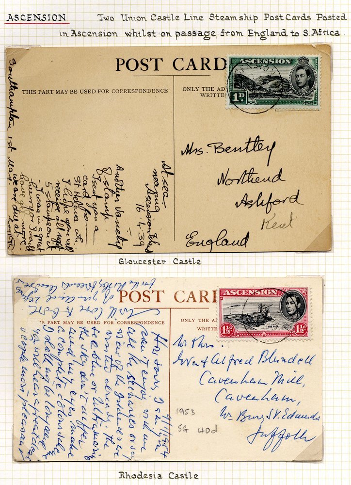 1950's Two Castle Line PPC Of S.S 'Rhodesia Castle' & Steamer 'Gloucester Castle' Franked 1d Green Mountain & 1½d Black  - Other & Unclassified