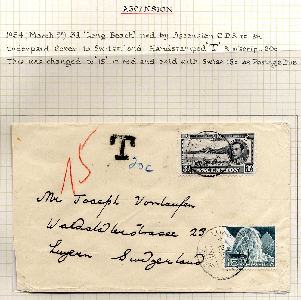 1954 March 9th Cover To Switzerland Franked 3d 'Long Beach' Tied Ascension C.d.s, Underpaid & Hand Stamped 'T' & M/s 20c - Sonstige & Ohne Zuordnung