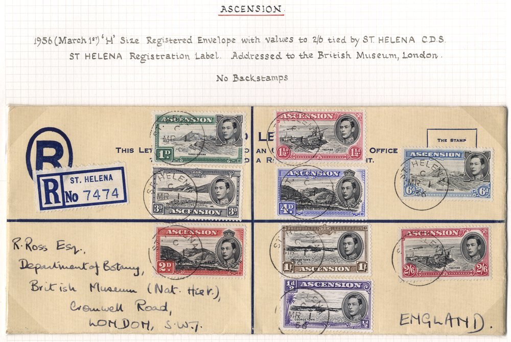 1956 March 1st 'H' Size Registered Envelope, Registered In St. Helena, Franked Ascension ½d To 2/6d (9 Vals), Tied St. H - Autres & Non Classés