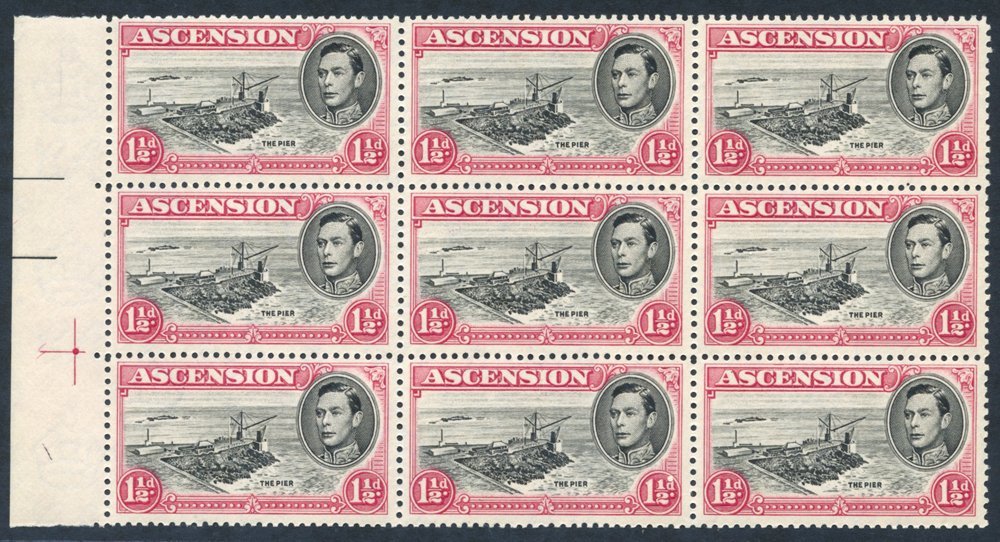 1953 P.13 1½d Black & Rose-carmine, UM Left Side Marginal Block Of Nine Incl. Davit Flaw R5/1, SG.40fa. (9) - Altri & Non Classificati