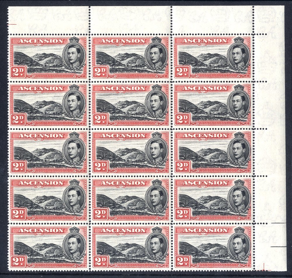 1949 P.14 2d Black & Scarlet Upper Right Corner Marginal UM Block Of Fifteen Incl. R4/4 Mountaineer Flaw, SG.41ca. - Other & Unclassified