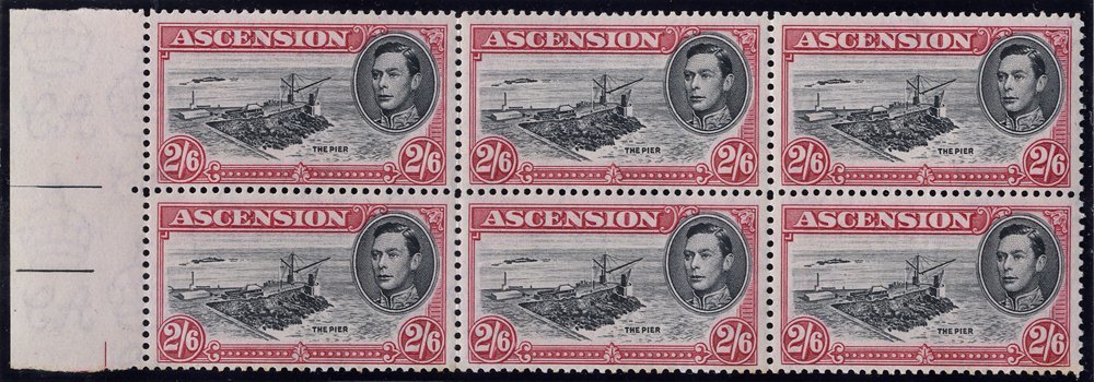 1944 P.13 2/6d Black & Deep Carmine Left Side Marginal UM Block Of Six Incl. R5/9 Davit Flaw (some Brown Gum Stains At E - Other & Unclassified