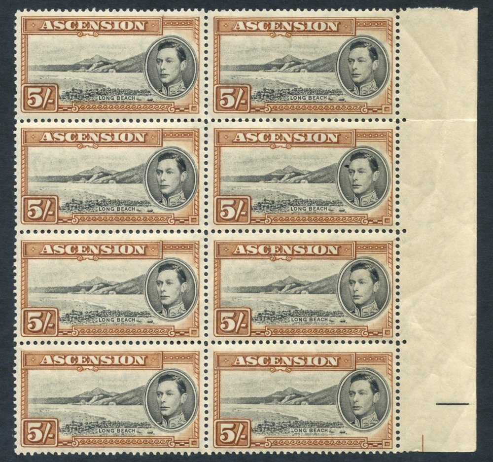 1938 P.13½ 5s Black & Yellow-brown Right Side Marginal UM Block Of Eight, Some Natural Gum Creases & Gum Toning, SG.46.  - Other & Unclassified