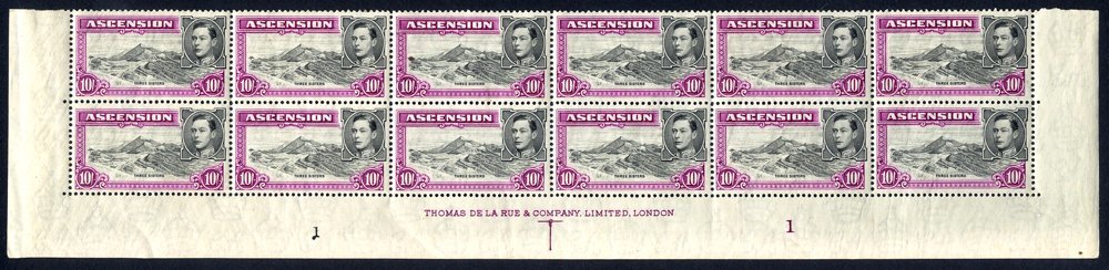 1938 P.13½ 10s Black & Bright Purple UM Block Of Twelve Being The Bottom Two Rows Of The Sheet, Showing Full Marginal Im - Other & Unclassified