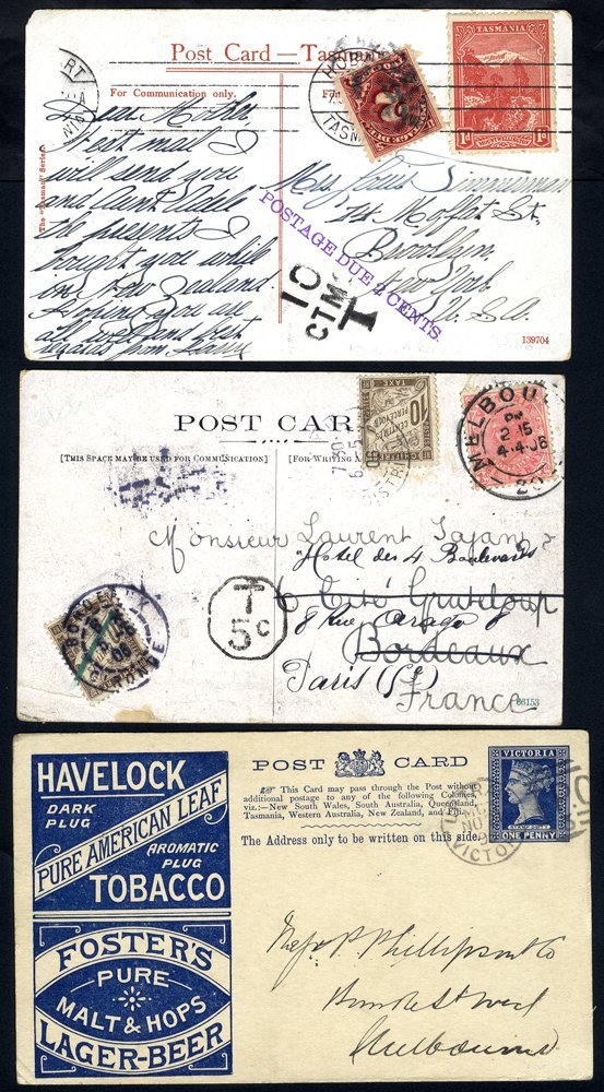 1893-1906 Covers (3) & Cards (7), Three Taxed, One Card Advertising Tobacco & Beer, Two Unused Queensland 1½d Postcards  - Other & Unclassified
