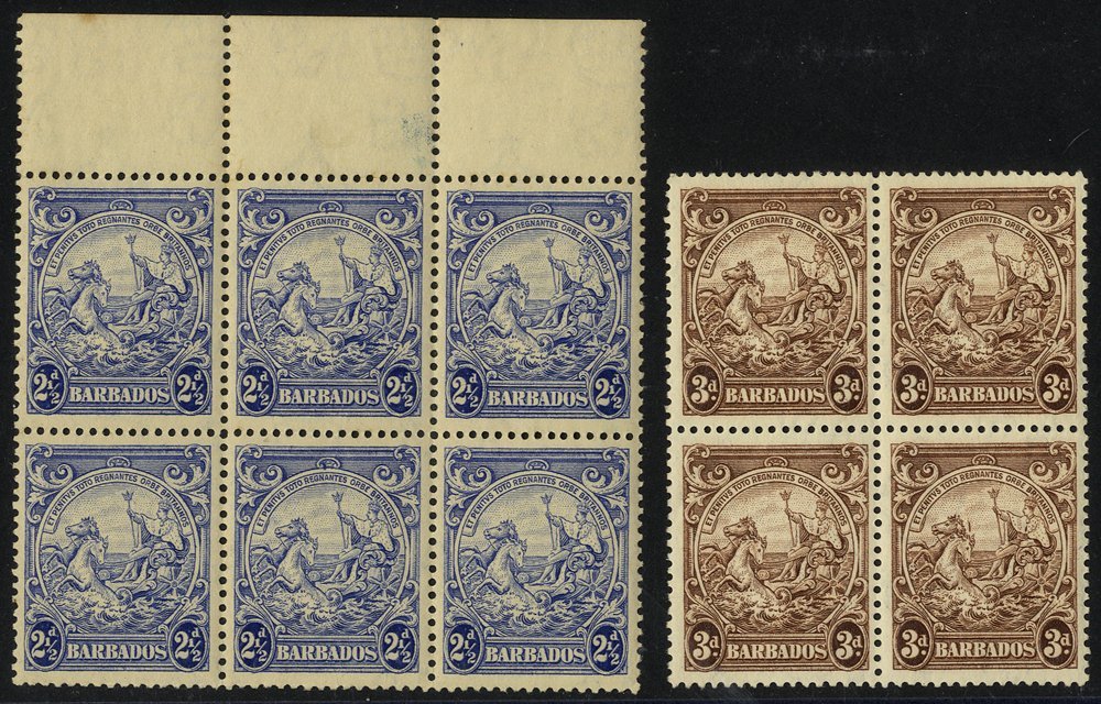 1938 3d P.13½ X 13 Top Marginal UM Block Of Six (gum Toned) Variety 'mark On Central Ornament' (on 2 Stamps), SG.251a, P - Other & Unclassified