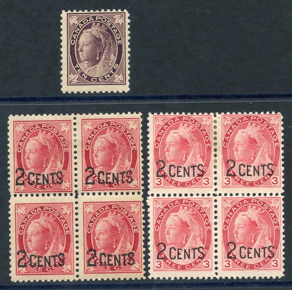 1897 10c Brownish Purple M, SG.149, 1899 2c On 3c Type 31 & 2c On 3c Type 32 - Each Being M Block Of Four, SG.171/2. (9) - Altri & Non Classificati