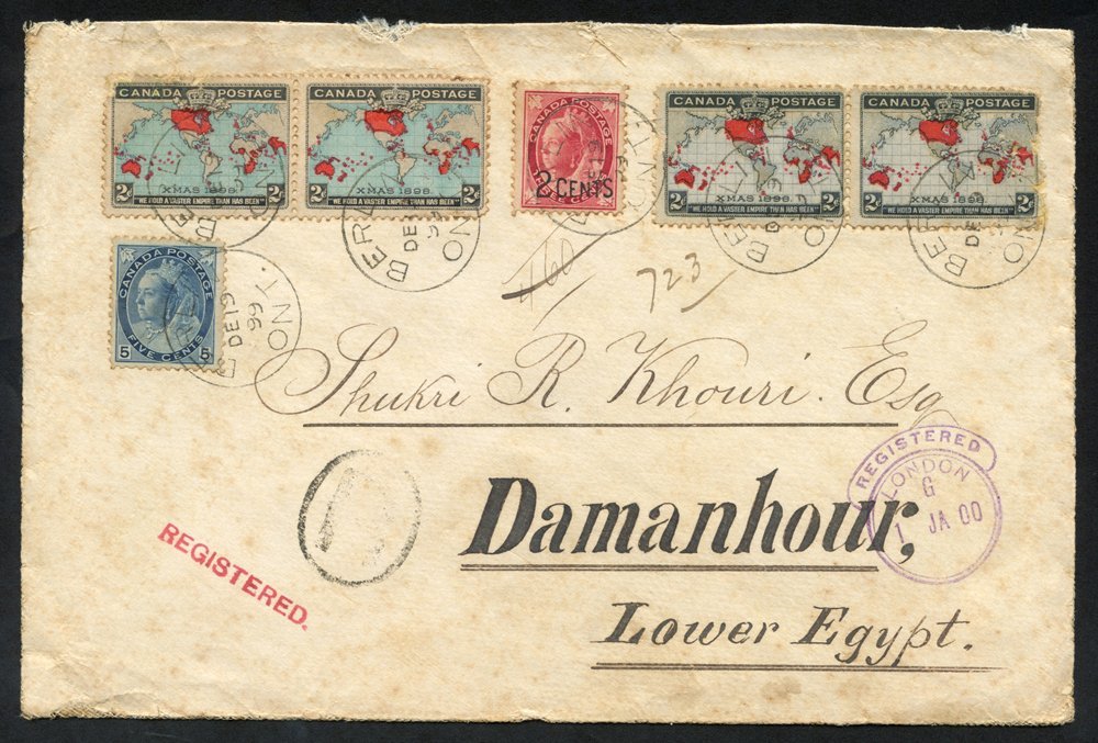 1899 Envelope Registered From Berlin, Ontario To Damanhov, Egypt, Franked 1897-98 5c, 2c On 3c, 2c Christmas Two Pairs ( - Altri & Non Classificati