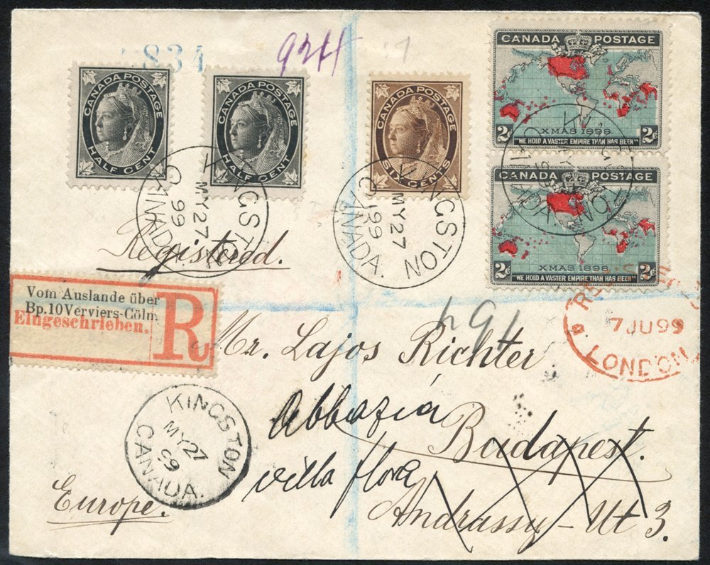 1899 May 27th Envelope Registered From Kingston To Budapest, Bearing 1897-98 ½c (2), 6c & 1898 Christmas 2c (2), Registr - Other & Unclassified