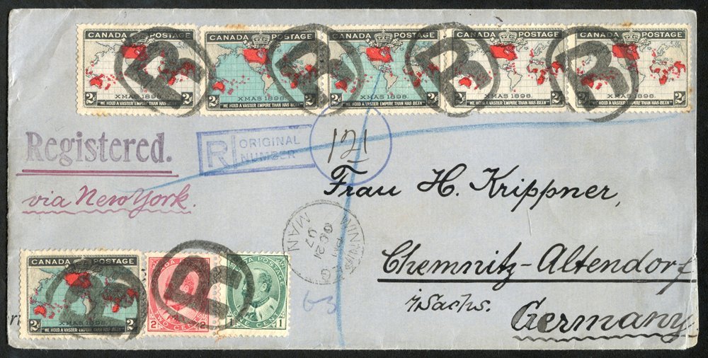 1907 Blue Registered Cover To Germany Bearing 2c Map (6) - Two Distinctive Shades, 1903 1c & 2c, All Tied By Bold 'R' In - Sonstige & Ohne Zuordnung