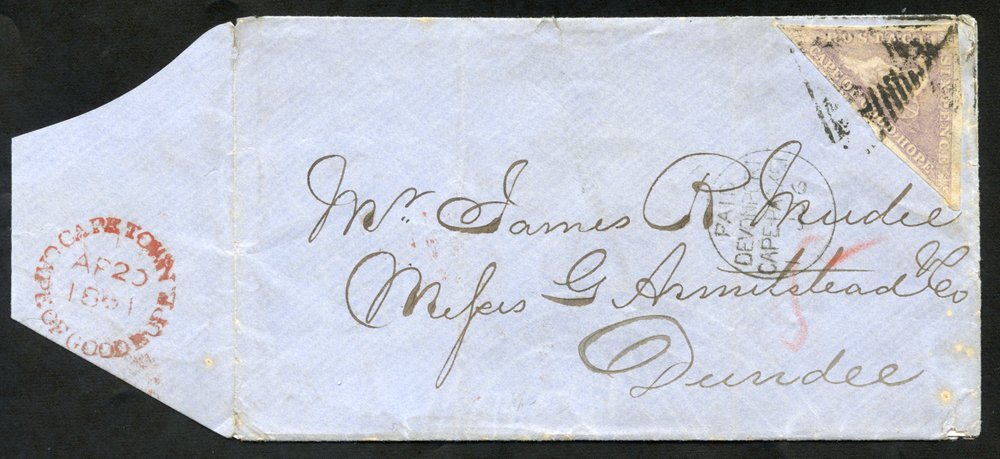 1861 Cover To Dundee, Scotland With A 6d (good Margins) Tied By A Triangular Cancel. Cape Town AP.20.1861 & Paid/Devonpo - Altri & Non Classificati