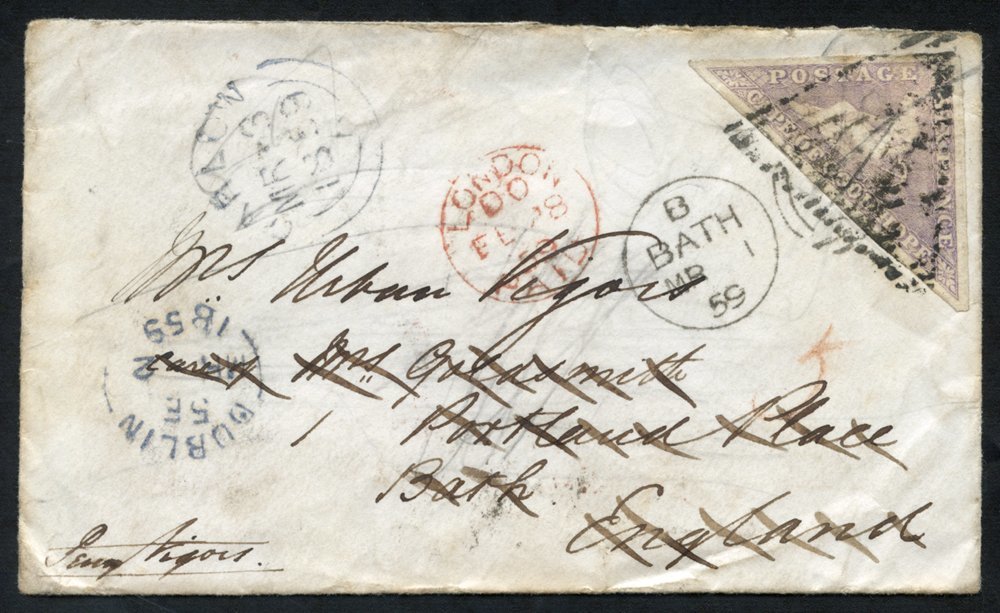 1859 Envelope To Bath, England, With A 6d Pale Rose-lilac (SG.7) Tied By A Triangular Cancel. A Cape Town JA.20.1859 Can - Other & Unclassified