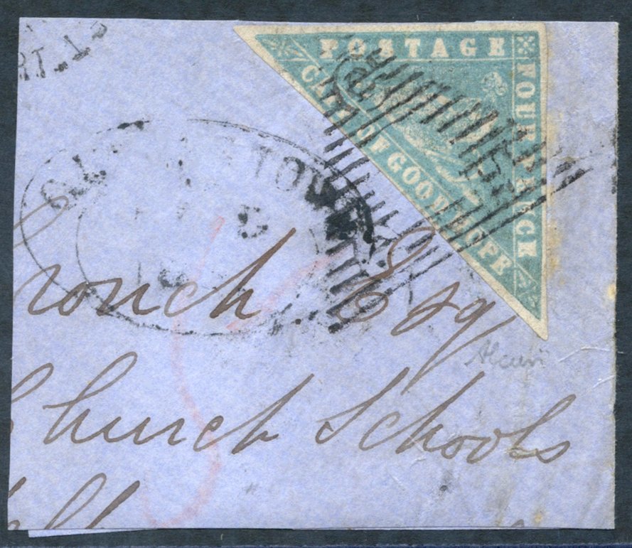 1861 Wood-block 4d Pale Milky Blue (SG.14), Three Good Margins, Tied To Piece By A Triangular Cancel. Grahamstown Double - Altri & Non Classificati