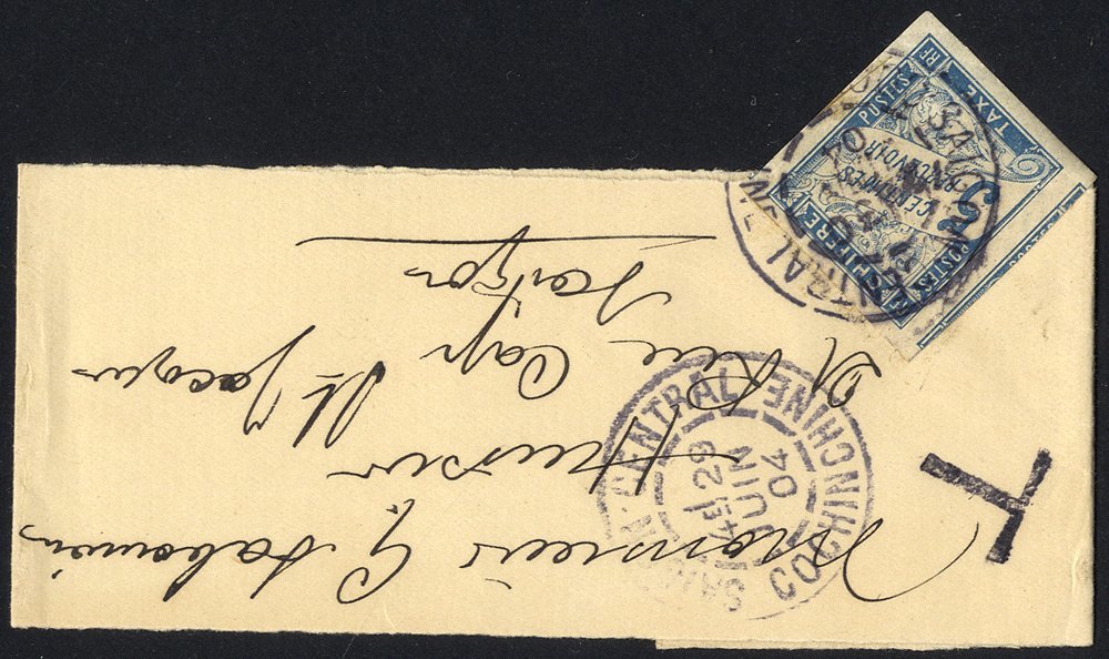 INDO-CHINA 1904 News Band Wrapper Addressed To Saigon Bearing French General Colonies Postage Due 50c Blue (Yv.28), Tied - Altri & Non Classificati