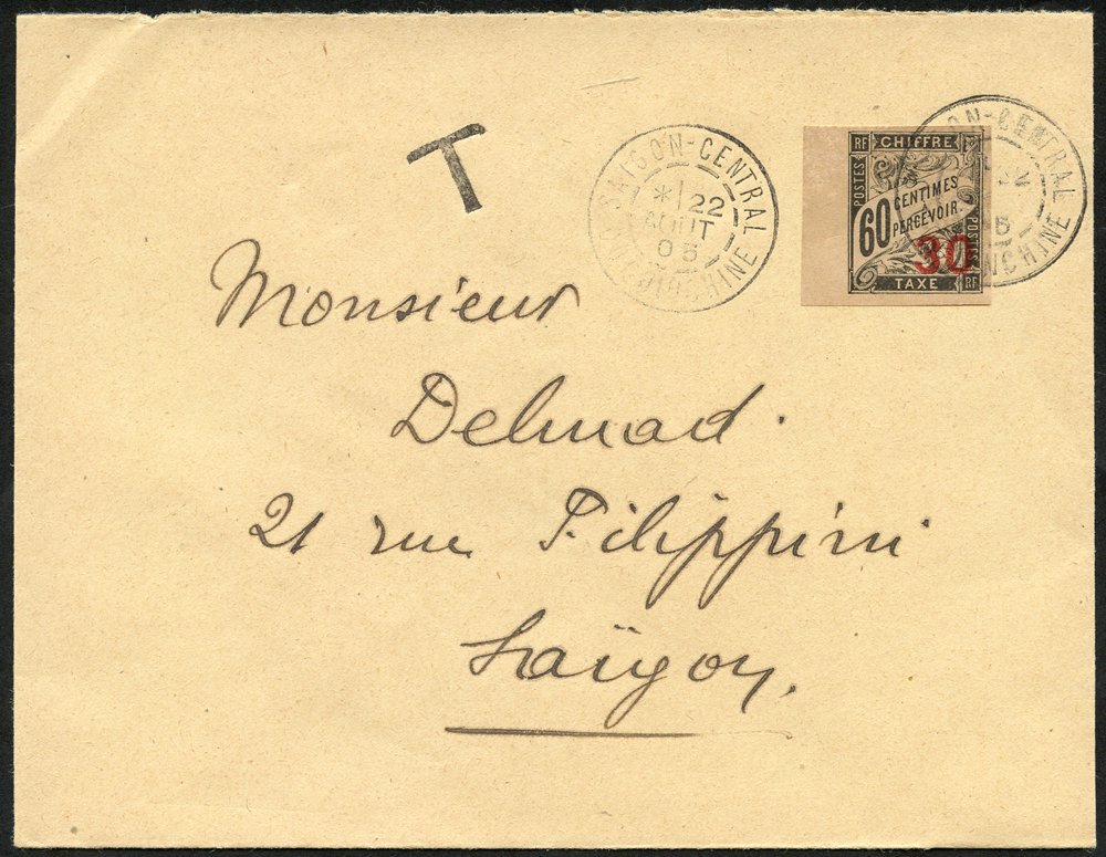 INDO-CHINA 1905 Envelope Addressed To Saigon Bearing Indo-China Postage Due 30 On 60c Black (Yv.4), Tied By Saigon Centr - Altri & Non Classificati