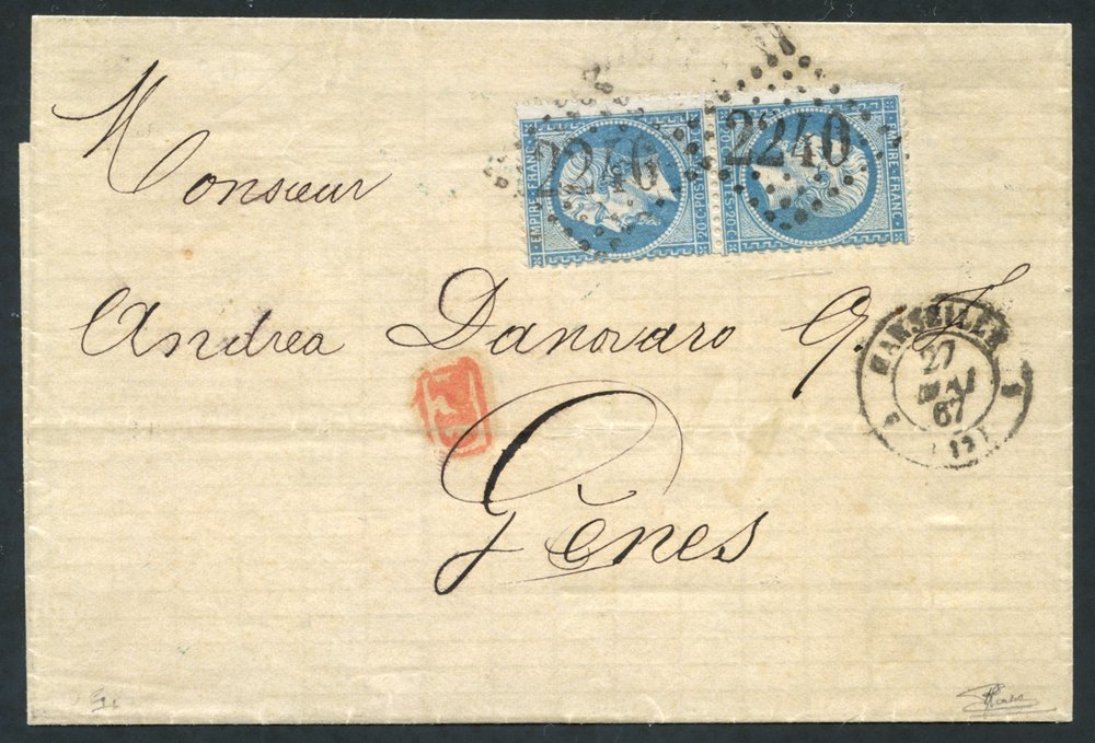 1867 May 27th Cover From Marseilles To Genova, Franked With A Vertical Tete-beche Pair Of 20c Empire, Tied By Large Nume - Other & Unclassified