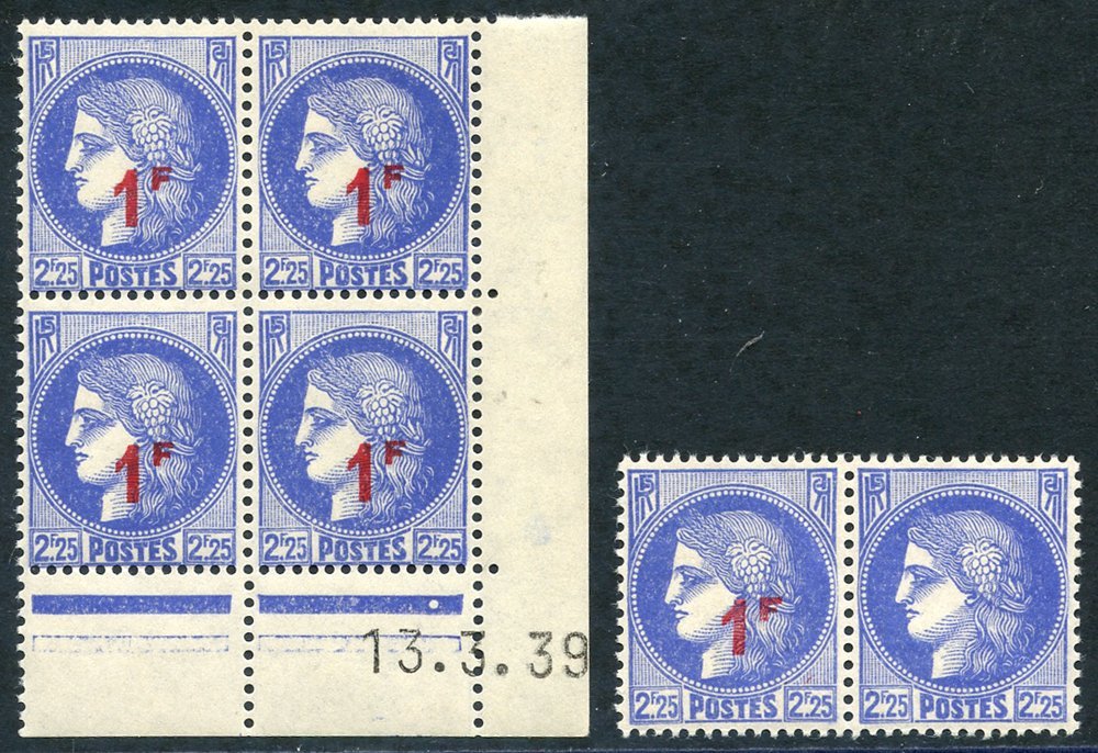 1941 1f On 2f.25 Ceres Pair Incl. One Stamp With Surcharge Omitted, A Normal Corner Marginal Block Accompanies. Maury 48 - Autres & Non Classés